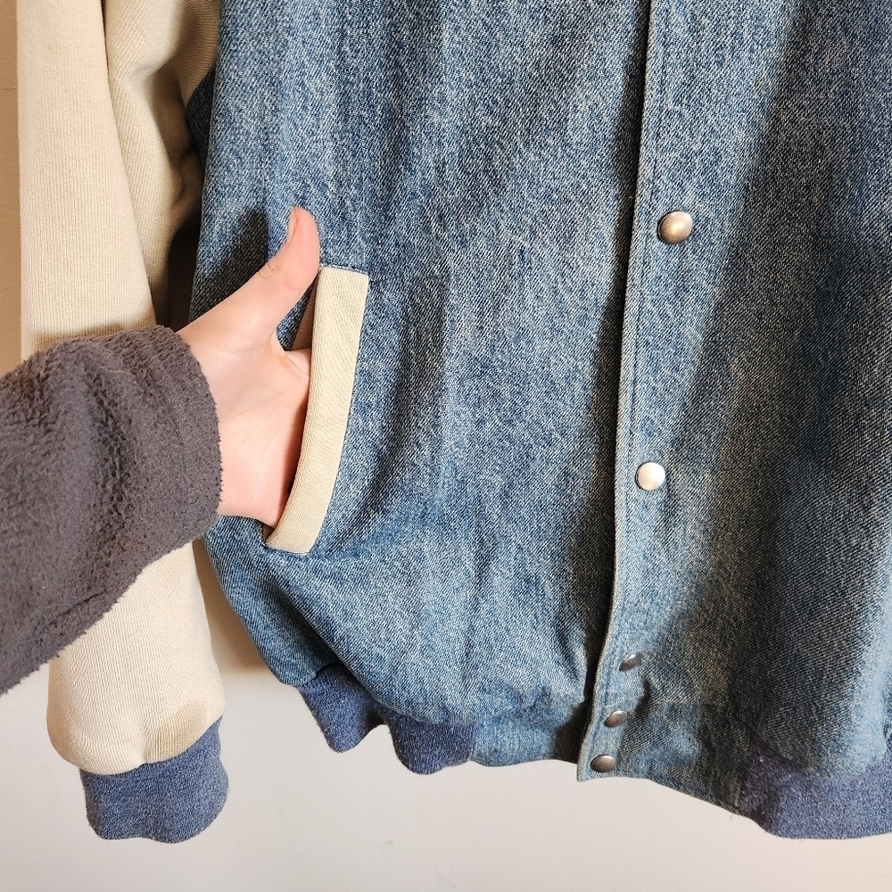 Vintage Varisty Jacket Denim Cotton Maine Blue Cream Large L - Picture 5 of 11